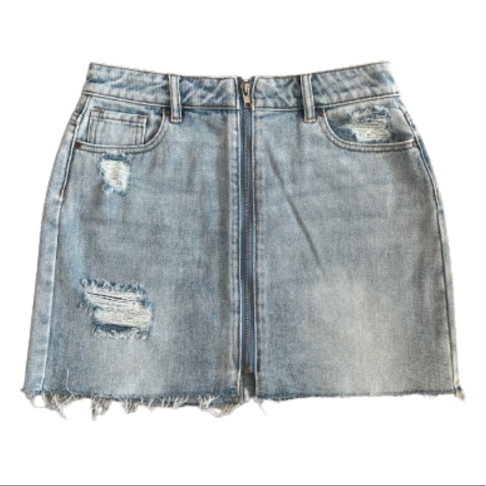 PAC Sun distressed raw hem light wash full zippered denim mini skirt size 25